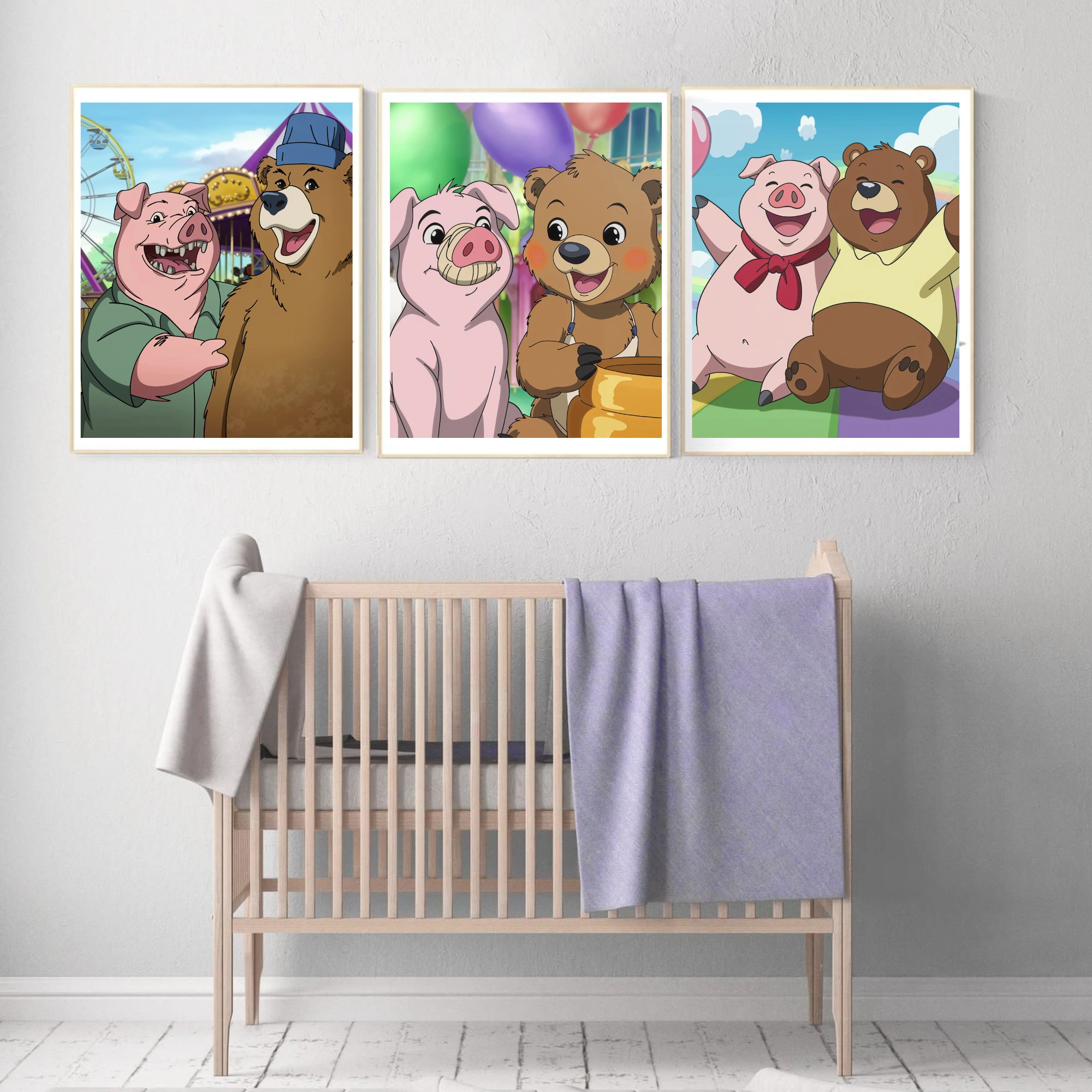 Pig and bear having fun | 10x10 inches size | nursery wall art at blessedcutebabies.com