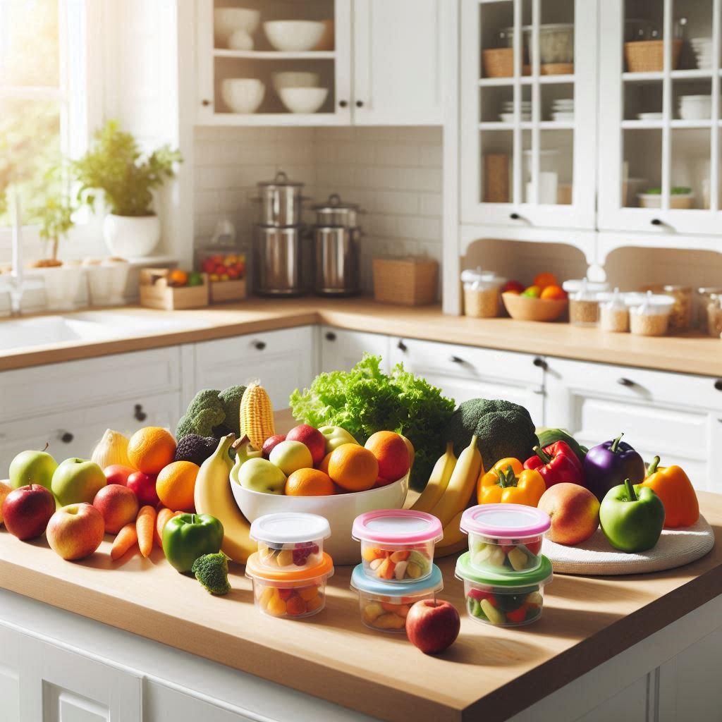 A clean kitchen counter with fresh fruits, vegetables, and small baby meal containers.