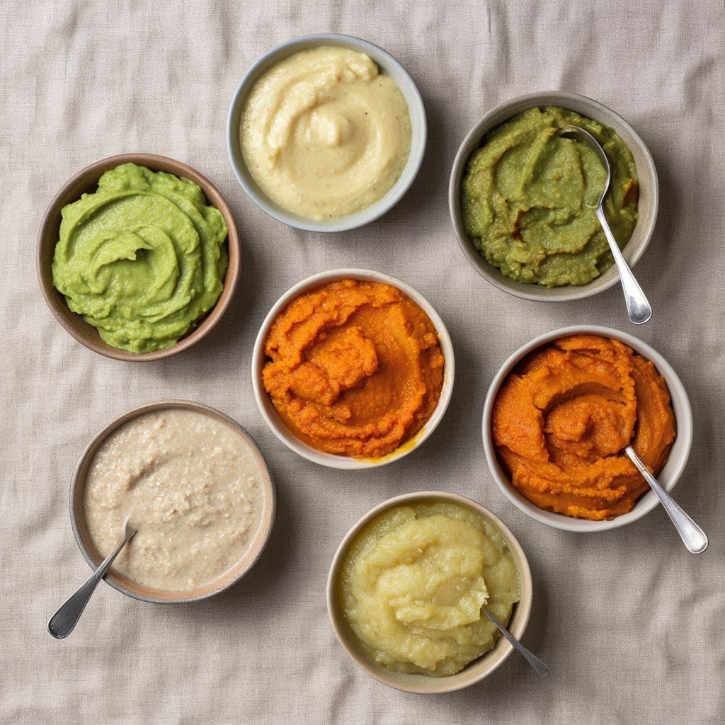 A flat lay of colorful pureed foods like avocado, banana, carrot, sweet potato, apple, and oatmeal in small bowls.