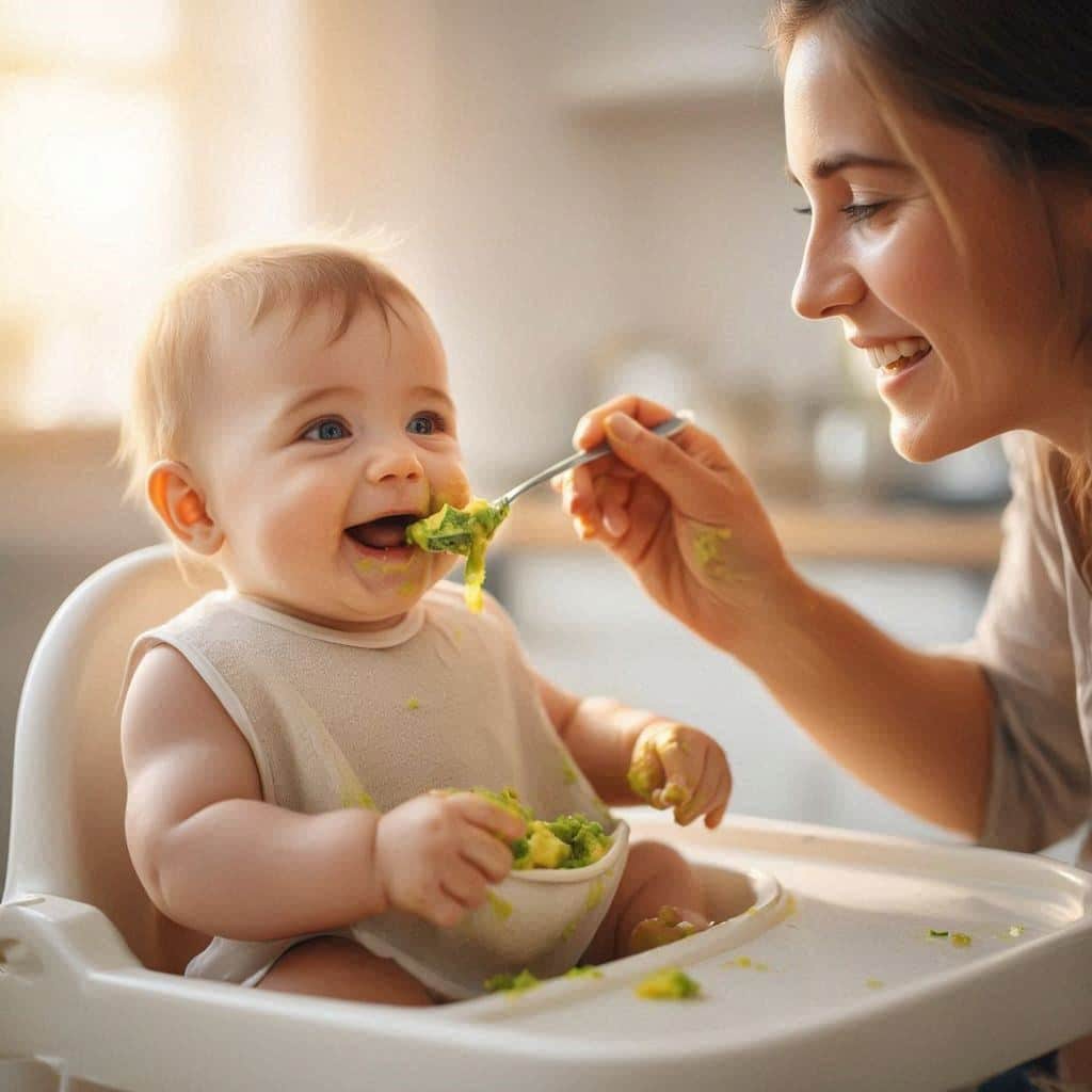 A happy baby in a high chair being fed mashed avocado or banana by a smiling parent — bright, warm background. baby meal planner