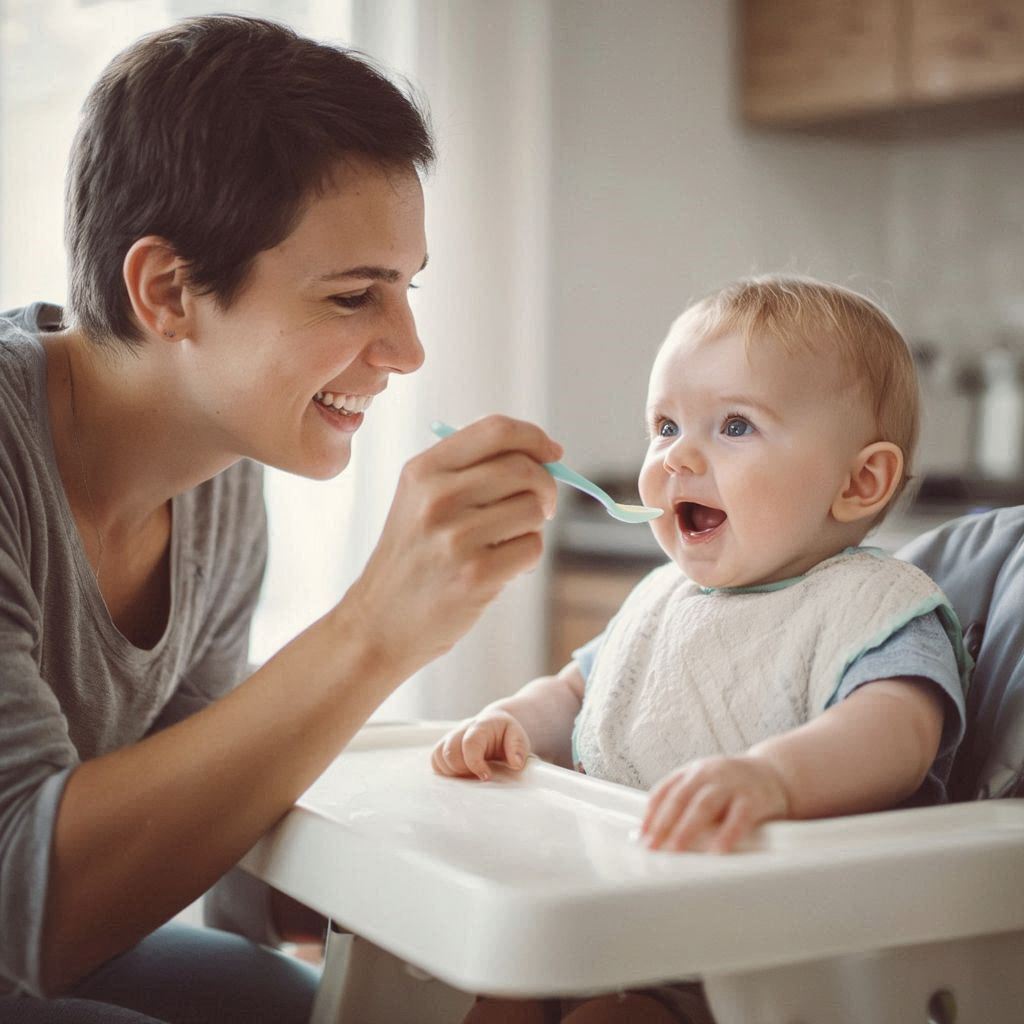  A parent feeding baby with a small spoon — both smiling; natural lighting.
