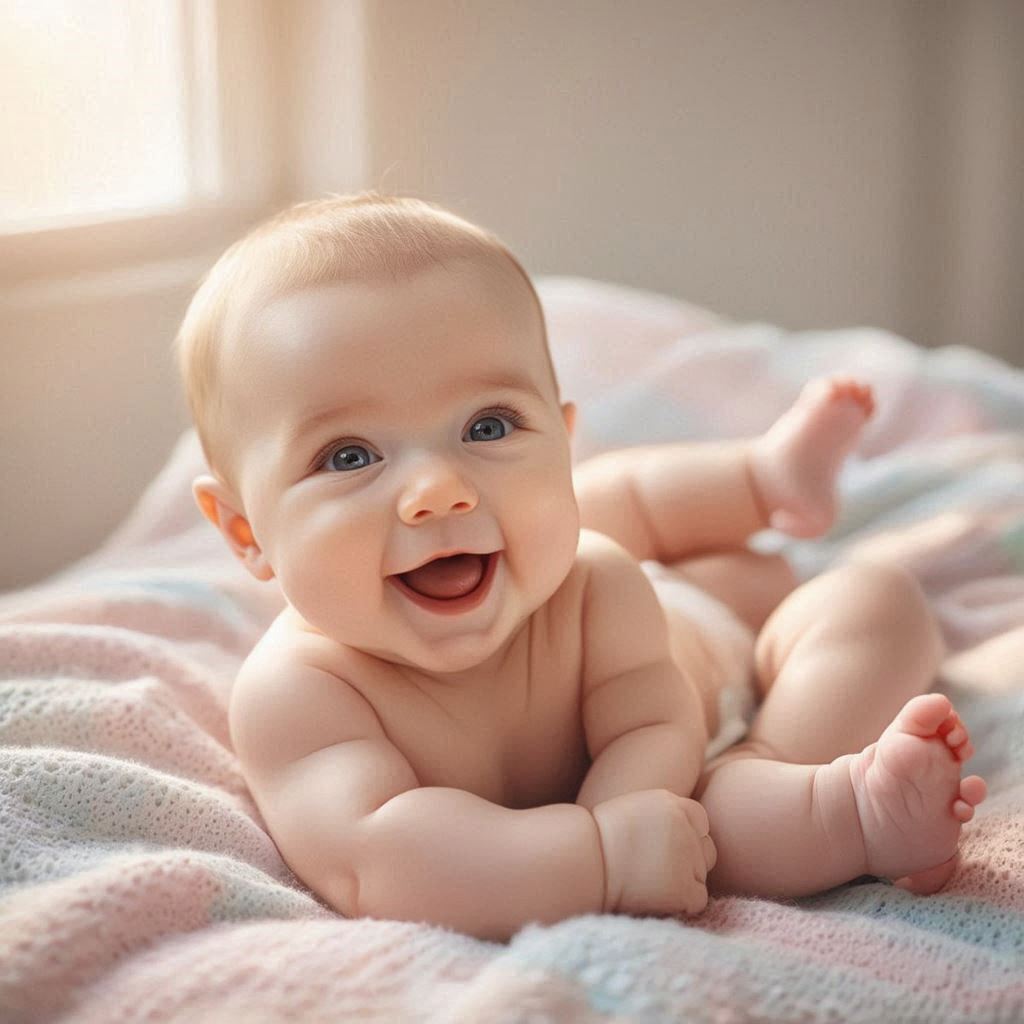smiling baby lying on a soft blanket